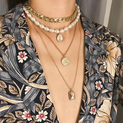 China Wholesale Hiphop Multi Layer Chain Necklace Heart Plated Cuban Link Chain Lock Pendant Necklace For Women for sale