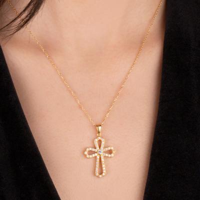 China 925 CLASSIC Cubic Zircon CZ Rose Gold Cross Necklace For Women Cross Pendant Chain Necklaces With Side Cross for sale