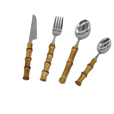 China 4PCS 304 Stainless Steel Viable Cutlery With Handle Real Nature Environmental Design PVC BOX Bamboo Spoon Tea Spoon Fork Knife for sale