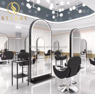 China Modern New Design Double Sided Led Mirror Hair Salon Station With Chairs for sale