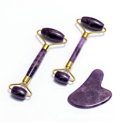 China Whitening Real Crystal Amethyst Jade Roller And Gua Sha Wholesale Custom Set for sale