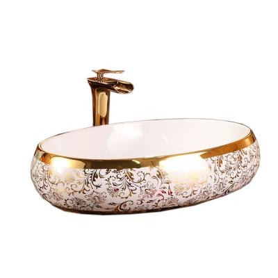 China Chaozhou Sustainable Above Mounted Ceramic Plating Art Gold Basin Lavatory for sale