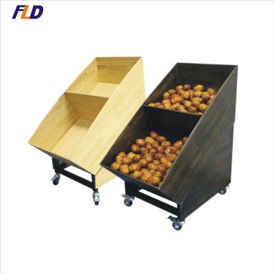 China Supermarket Shelf Display Rack Wooden Fruit Display Rack Single Sided Potato Trolley for sale