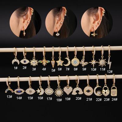 China Fashion Go Party Copper Inlay Zircon Dangle Cross Earring Spike Pendant Hoop Cartilage Piercing Circle Earring Sun Star Moon Moon Eye Lightning for sale