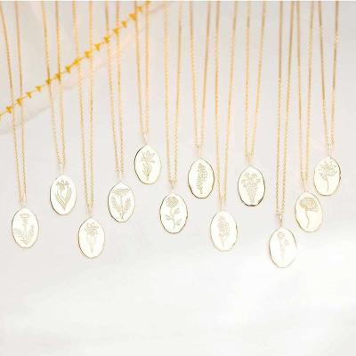 China Fashion Go Party Wholesale Birth Flower Mothers Day Titanium Steel Irregular Oval Pendant Necklace for sale