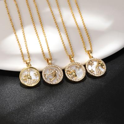 China Fashion Go Wholesale Current Zodiac Sign Cubic Zirconia 12 Zodiac Party Horoscopes Gold Plated White Shell Around Pendant Necklace For Women Gift for sale