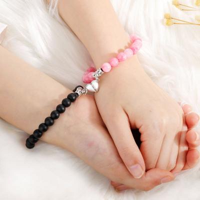 China Fashion Go Party Valentine's Day Gift Matching Adjustable Natural Stone Beads Alloy Crystal Bracelet Couples Peach Heart Magnet Bracelets for sale