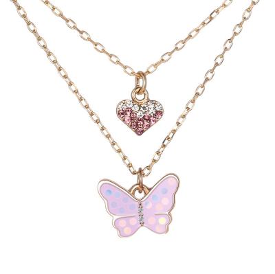 China Fashion Sweet Popular Children's Jewelry Candy Color Cartoon Butterfly Heart Necklace Multilayer Alloy Oil Drip Children's Jewelry for sale