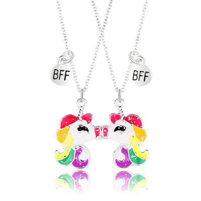 China Fashion Go Border Hot Sale Unicorn Best Friend Necklaces Party 2Pcs/set Magnet Attracting Children's Oil Dripping BFF Necklaces for sale