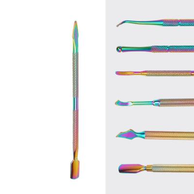 China Easy To Use Nail Cuticle Pusher Tweezers Stainless Steel Rainbow Nail Art Files UV Gel Polish Remove Clean Manicure Care Groove Tool for sale