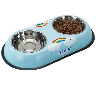 China Sustainable Pet Stainless Steel Dog Double Bowl Teddy Small and Medium Dog Cat Food Bowl for sale