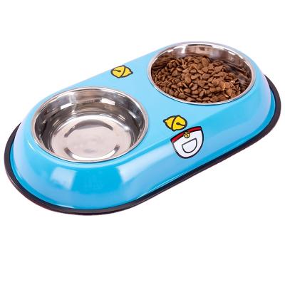 China Sustainable Pet Double Bowl Teddy Small And Medium Dog Cat Food Bowl Stainless Steel Dog Bowl for sale