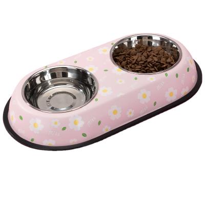 China Sustainable Dog Pet Stainless Steel Double Bowl Plate Teddy Small And Medium Dog Cat Food Bowl for sale