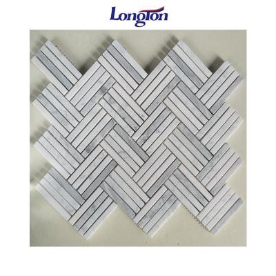 China CLASSIC White Shop Use White Marble Wall Tile Chevron Blend Strip Floor Stone Interior Mosaic Tile for sale