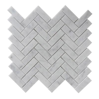 China Herringbone White Italian Marble Parquet Restaurant Kitchen Carrara Mosaic Slab Flooring Design for sale