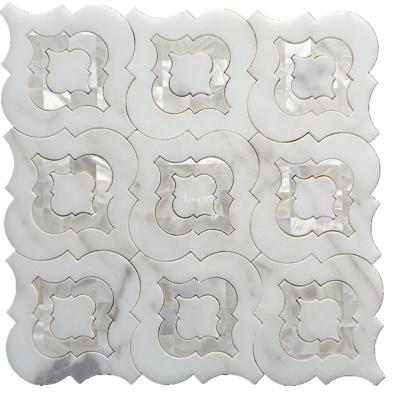 China CLASSIC Polished Mix Shell Lantern Style Waterjet Tile Balcony Laundry Floor White Marble for sale