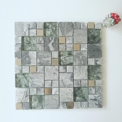 China Decorative Silver Mix Stainless Steel Slab Parquet Wall Mosaic Green Gray Marble Glass Mix for sale