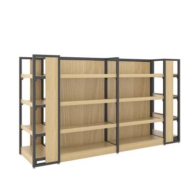 China Grocery Display Rack Double Sided Wooden Shelves For Supermarket Metal Wood Display Racks for sale