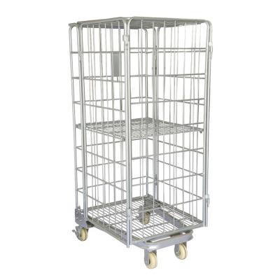 China Hot Selling Steel Storage Folded Roll Container Trolley With Wheels for sale