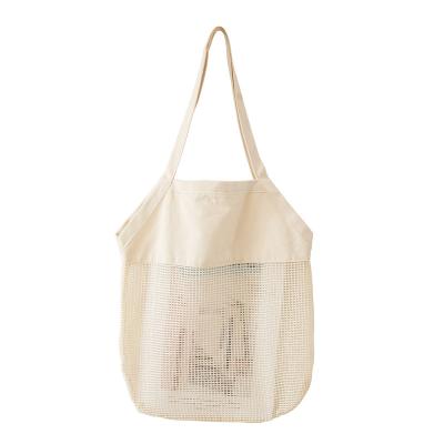 China New Portable Eco-Friendly Mesh Bag For Fruits And Cotton Vegetables Mesh Stitching Canvas Shopping Bag for sale