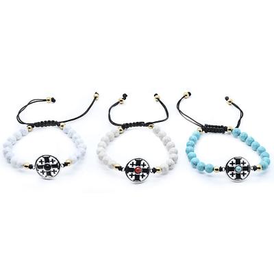 China Religious The Jerusalem Crusaders Medal Bracelet Beads Braid Braid Handmade Adjustable Bracelet Religious Zinc Alloy Black String Jewelry Cross for sale