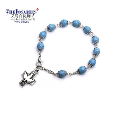 China Doves Represent Peace Blue Turquois Beaded Cross Bracelet Peace Doves Bracelet Religious Accessories for sale