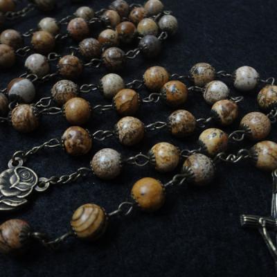 China Antique Religious Picture Stone Nature Brozen Rosary Necklace Beads Catholic Religious Cross Crucifix Gift for sale