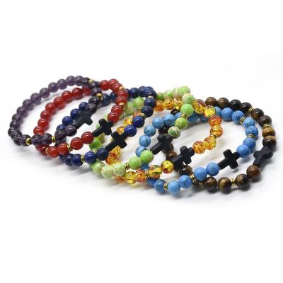 China 7Pcs 8MM Religious Beads Bracelet For Women Men Women Turquoise Stone Natural Stone Stretch Elastic Cross Bracelet Set for sale