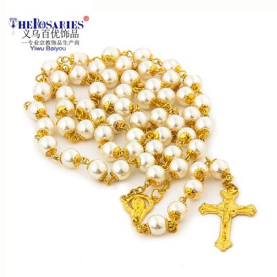 China Rosary Gold Rosary Necklace Glasses Bead Rosaries Beads Crucifix Catholicism Necklaces Religious Gift for sale