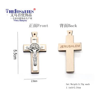 China Jewelry Accessories 50pcs/Lot St Benedict Wood Jesus Cross Religious Christ Antique Bracelet Faith Ribbon Pendant for sale