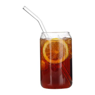 China WITH LID Glass Portable Water Bottle Coffee Mug Can Shaped Glass Cup With Bamboo Lid And Straw for sale