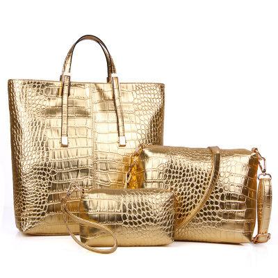 China 2021 high quality fashion women evening gold clutch 3in1 set women handbags crocodile gold printing shiny bag for sale