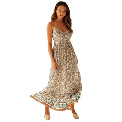 China Breathable Warm Bohemian Loose Halter V-Neckline Women's Summer Casual Dress Beach Sleeveless Print Dress Long for sale