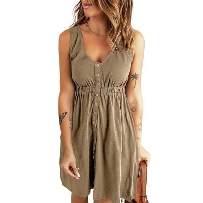 China Breathable Hot Summer Sleeveless Short Dresses Fashion Retro Solid Color Buttons Matching Waist Range Loose Short Women for sale