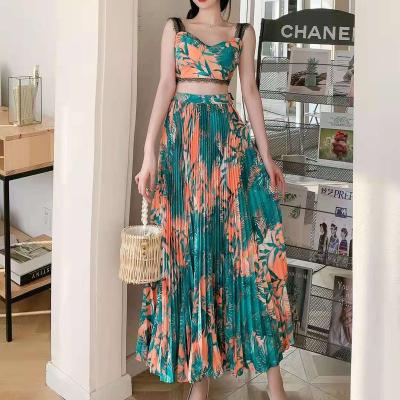 China Breathable Black Lace Print Chiffon Tank Top Splicing High Waist Halter Half Body Skirt Set for sale