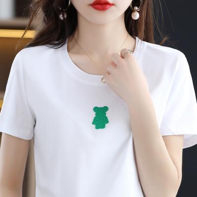 China Mercerized Round Neck Women's Cotton Short Sleeve Anti-pilling Bear Loose Round Print T-shirt Plus Size Summer for sale