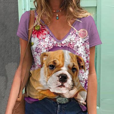 China Anti-pilling summer pet series ladies printing V-neck T-shirt custom wholesale for sale