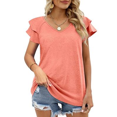 China Fashion V-Neck T-shirt Tops Women Summer Hot Ruffle Loose Casual Short Sleeve T-shirt Women's Casual Tops for sale