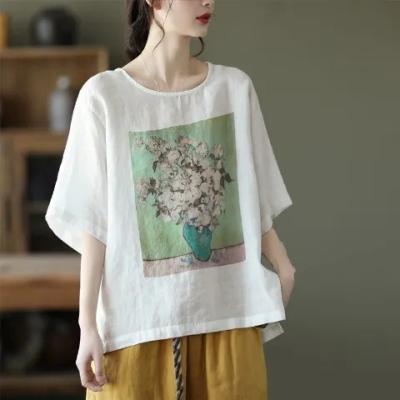 China Breathable T-shirt Women's Cotton Canvas Round Neck Shirt Loose Begging Large Size Women's Short Sleeve Clothing for sale