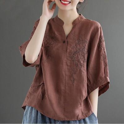 China Summer Breathable Cotton And Linen Womens Embroidered T-shirt Loose Plus Size Womens Clothing for sale