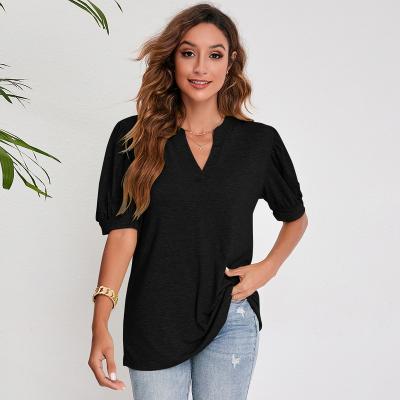 China Hot Selling Summer Anti-Pilling V-Neck Solid Color Casual Blast Sculpting Loose T-shirt Women for sale