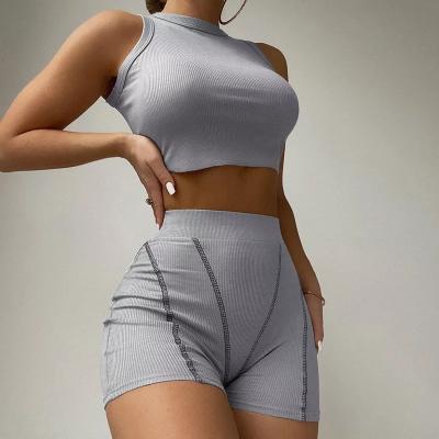 China Breathable Summer Sleeveless Round Neck Knit Threaded Fitness Women's Two-Piece Casual Clothing for sale