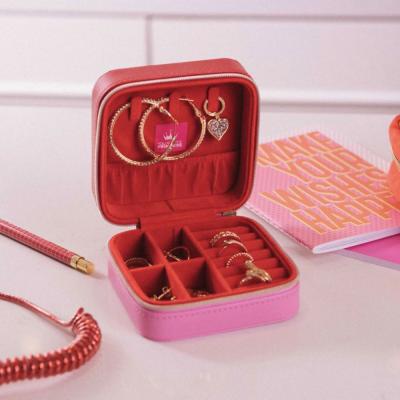 China Faux Leather Red Square Portable Travel Jewelry Case 10*10*5cm For Girls for sale