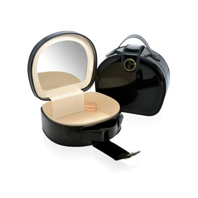 China ODM Black Round Makeup Organizer Multipurpose With Top Handle And Mirror for sale