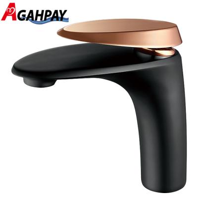 China Thermostatic Faucets Matte Black With Rose Gold Handle Single Lever Solid Brass Hot Cold Water Mixer Tap Bathroom Basin Mixer Tap for sale