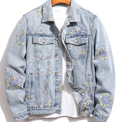 China QUICK DRY 0wn Brand Floral Print Flap Pocket Denim Jacket  Single Breasted Jeans Jacket For Men for sale