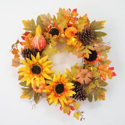 China Artificial Flower Amazon Hot Selling Sunflower With Pumpkin Rattan Autumn Door Wreath for sale