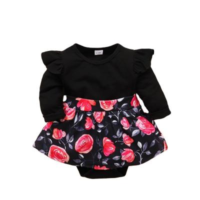 China Breathble Baby Romper Cozy Infant Newborn Clothes Spring One Piece Outfits Ruffle Floral Long Sleeve Suspender Headband Skirt Set for sale