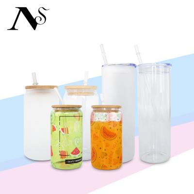 China New Arrival USA Warehouse 12oz 16oz Sublimation Glass Canister Sustainable Empty Beverage Beer Shaped Glass Soda Can With Bamboo Lid And Straw for sale