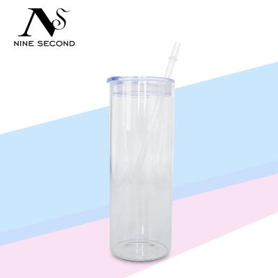 China New Stocked Style DIY 25oz Straight Empty Sublimation Frosted Clear Transparent Coffee Mug Glass Tumblers With Lid And Straw for sale